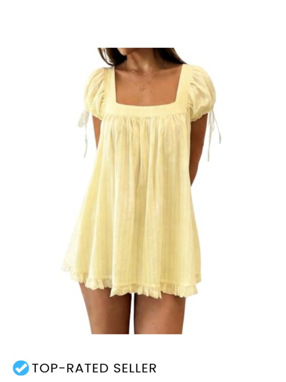 Women Square Neck Babydoll Mini Dress Puff Sleeve Bow Tie Ruffle Trim Casual